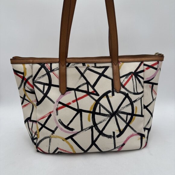 Fossil Sydney Shopper Tote Bag Purse Leather Large Zip Colorful Bicycle Wheel - Picture 1 of 16